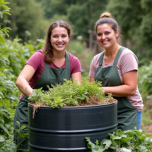 Smiling team members composting organic waste for a sustainable garden