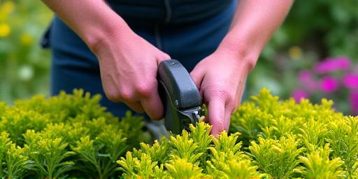 Gardener meticulously trimming vibrant bushes in a manicured garden